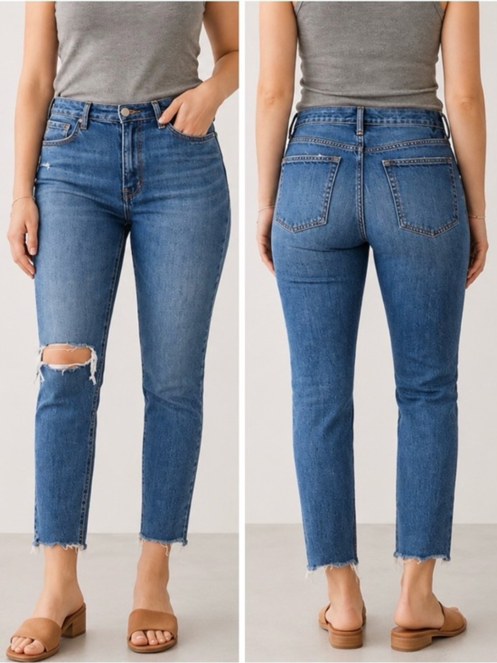 Etica Marcella High Rise Slim Straight Jeans Medium Wash Raw Hem